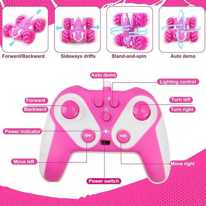 Spider Remote Control Car, Double Sided 360°Rotating USB Direct Charging RC Cars with Cool Lights, 2.4Ghz Drift RC Stunt Car, 360°Rotating 4WD Off-Road Race Toys for 4-12 Boy Girl Kids Gifts(Pink) - color: Pink