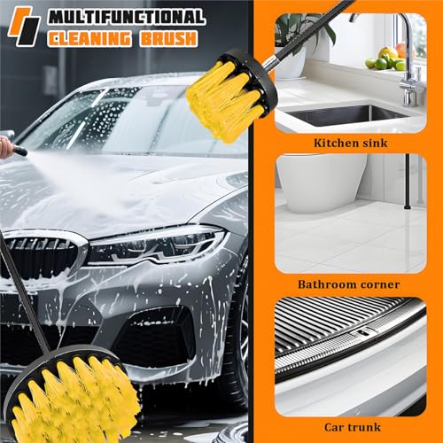 4PCS Drill Brush Attachment Kit with Extension Rod, Yellow | PP bristles with steel shafts, three brush sizes, quick-change extension rod, follows curved surfaces, compact storage - color: Yellow