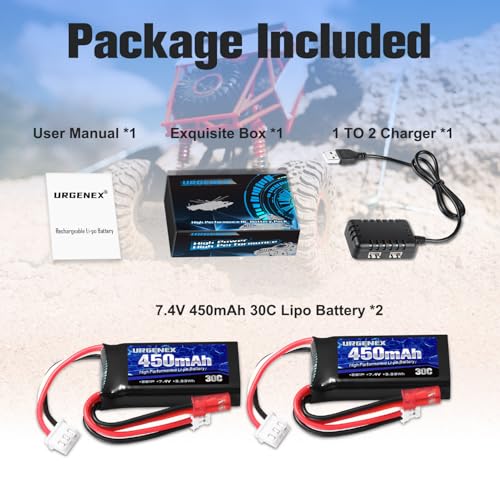 7.4V Lipo 2S 30C 450mAh Rechargeable Lipo with JST & PH2.0 Plug SCX24 with 1to2 USB Charger Fit for Most 1/10, 1/16, 1/18, 1/24 Scale RC Car Truck and RC Drone Airplane