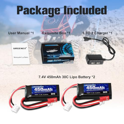 7.4V Lipo 2S 30C 450mAh Rechargeable Lipo with JST & PH2.0 Plug SCX24 with 1to2 USB Charger Fit for Most 1/10, 1/16, 1/18, 1/24 Scale RC Car Truck and RC Drone Airplane
