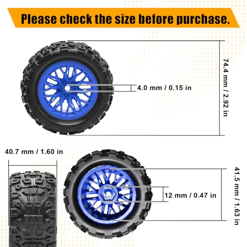 Pre-Glued 1/16 & 1/18 RC Monster Truck Rubber Tire & Nylon Wheel - 12mm Hex | Rubber Tires with Foam Fits for ARRMA 1/18 Granite/Typhon Grom, WLtoys A949, MJX Hyper Go H16 (4PCS, Blue) - color: Blue
