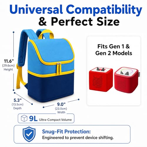 Carrying Case Backpack for Toniebox 1 & 2, 2-Layer, Holds 25+ Figures | Padded 210D lining and 8mm shock absorption fits headphones and charging dock 600D water-resistant polyester easy wipe-clean - color: Sky/Navy Blue