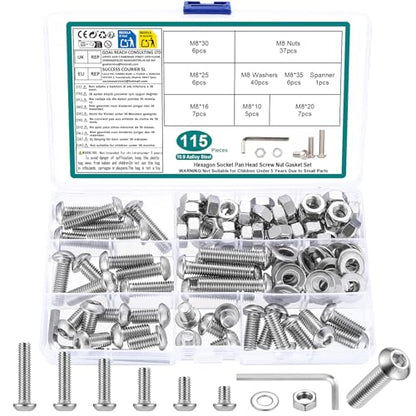 115 Pcs M8 Screws Assortment Kit, Metric Nuts and Bolts Assortment Kit, Hex Socket Button Head Cap Screw Bolts and Nuts Kits, Hex Socket Screw Set, Machine Screws Set, with Spanner(Silver) - size: M8