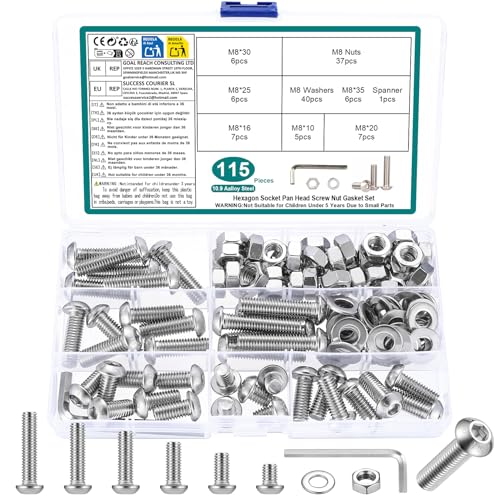 115 Pcs M8 Screws Assortment Kit, Metric Nuts and Bolts Assortment Kit, Hex Socket Button Head Cap Screw Bolts and Nuts Kits, Hex Socket Screw Set, Machine Screws Set, with Spanner(Silver) - size: M8