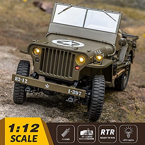 FMS Rochobby RC Car 112 1941 MB Scaler Willys Jeep Remote Control Crawler Military Truck 4x4 Offroad Vehicle with Transmitter Battery and Charger, Small, RC12001RTR Hunter Green