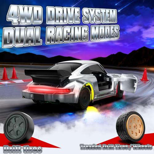 RC Drift Car, 1/43 Mini RC Drift Car with Gyro, 2.4GHz Full Proportional Control, 20KM/H 4WD High Speed Remote Control Alloy, LED Lights & Drift Tires, Toys Gift for Adults, Boys and Girls - color: Silver