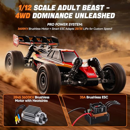 1/12 Brushless RC Cars for Adults,Remote Control Car for Fast RTR | Max 42 MPH 4X4 High Speed Racing RC Buggy with 3S 2200 mAh Battery,Fast Off-Road RC Truck,Suitable as Giftfor Beginner-Blue - color: Blue