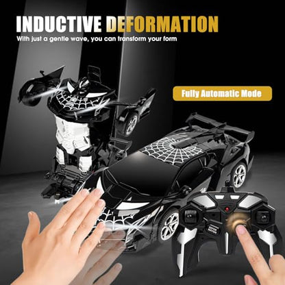 Rechargeable Transform Remote Control Spider Car, Black Transforming RC Robot Toy 1:18, One-Key Deformation, 360° Drifting Vehicle for Kids Ages 3-7