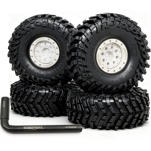 HOBBYSOUL 70mm Tall 1.0 beadlock wheels and tires set - Brass Adjustable Offset 1.0 wheel Rims white & Soft Sticky 1.0'' tire For RC Crawler 1/18 TRX4M 1/24 SCX24 - color: White