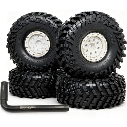 HOBBYSOUL 70mm Tall 1.0 beadlock wheels and tires set - Brass Adjustable Offset 1.0 wheel Rims white & Soft Sticky 1.0'' tire For RC Crawler 1/18 TRX4M 1/24 SCX24 - color: White