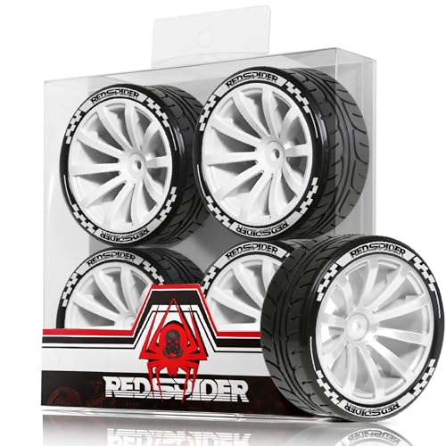 REDSPIDER 1/10 RC On-Road Wheel Tires 2.56" OD 10-Spoke Plastic Wheel hub and Rally Tires 12mm Hex Fit for 1/10 Tamiya TT01 TT02 XV02 XV01 WLtoys HSP Kyosho WR8 RedCat Sakura HPI (White) - color: White