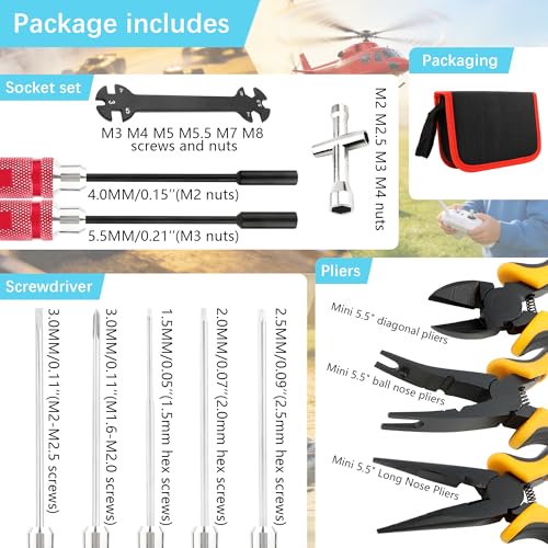 12 Pieces RC Car Repair Tool Kit with Hex Phillips Flat Screwdrivers, Pliers, Spanners, Wrenches–Hobby Tool Set Compatible with RC Car Drone Helicopter Airplane Boat Multirotor Models(Red) - color: Red