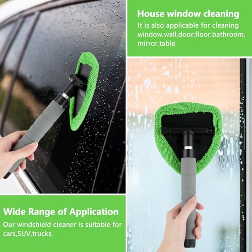 8 Pcs Car Window Cleaner Kit Triangle Shape Include Windshield Cleaning Tool with Extendable Handle 5 Microfiber Bonnets 1 Car Ventilation Brush 1 Empty 50ml Spray Bottle Glass Wiper Kits, Green - color: Green