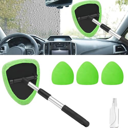 Windshield Cleaning Tool, Car Window Cleaner with Extendable Handle, 4 Microfiber Pads and Spray Bottle, Auto Interior Exterior Glass Wiper Cleaning Kit Universal for RV, SUV, Truck (Green) - color: Green