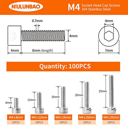 M4 x 8mm 12mm 16mm 20mm 25mm Hex Socket Head Cap Screws Bolts, 304 Stainless Steel, Metric Machine Fully Threaded, Bright Finish, Allen Hex Drive, Assortment Kit 100PCS - size: M4 x 8/12/16/20/25mm (100PCS)