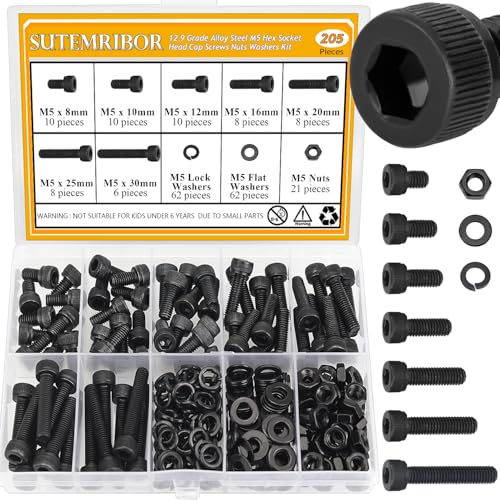 205 Pieces M5 Screws Nuts Washers Set Black, Sutemribor M5 x 8/10/12/16/20/25/30mm Hex Socket Head Cap Screws Nuts Washers Assortment Kit, 12.9 Grade Alloy Steel, Fully Threaded - size: M5 x 8-30mm, style: Socket Head