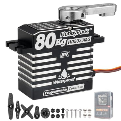 HobbyPark Waterproof 80kg High Torque RC Steering Servo Coreless Motor Digital Servo Standard HV Metal Gear for 1/8 1/10 RC Crawler Car Truck Buggy Basher Short Case 180° Aluminum Case