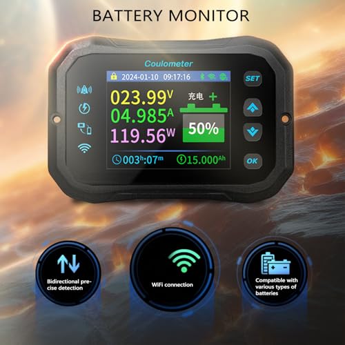 WiF Battery Monitor with Shunt, Remote Monitoring 2.4 Inch HD Screen, Multiple Parameter Measurements, Built in Reminder, Wide Battery Compatibility