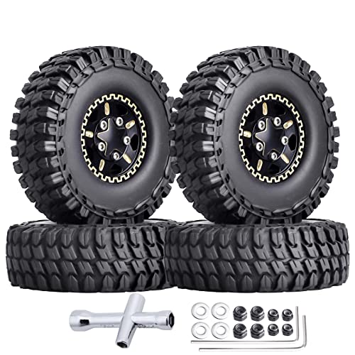 HobbyPark Brass 1.0 Beadlock Wheels and Tires for TRX4M Upgrades Axial SCX24 1/24 RC Crawler Replacement Parts, Set of 4 (Type D) - style: Type D