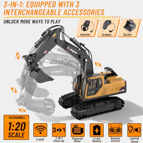 3 in 1 Remote Control Excavator Toy 14 Channel RC Excavator Toy for Boys 3-12 with Bucket/Claw/Drill 2.4GHz Full Functional Construction Vehicles Toys Gift for 6 7 8 9 10 Years Old Kids Boys - size: Small