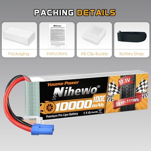 11.1V Lipo Battery 3S 10000mAh 100C EC5 2Packs for RC Car Drone Boat | High-power 100C 3S LiPo pack Soft case EC5 plug for RC cars, trucks, boats, planes & drones, long runtime, durable cells - style: 2x 11.1V 10000mAh