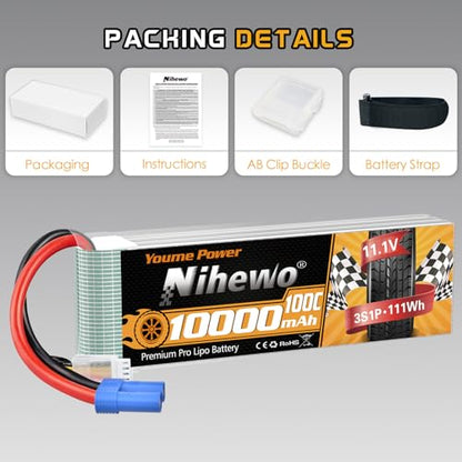 11.1V Lipo Battery 3S 10000mAh 100C EC5 2Packs for RC Car Drone Boat | High-power 100C 3S LiPo pack Soft case EC5 plug for RC cars, trucks, boats, planes & drones, long runtime, durable cells - style: 2x 11.1V 10000mAh