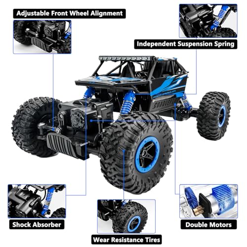 Cheerwing 1:18 Rock Crawler 2.4Ghz Remote Control Car 4WD Off Road RC Monster Truck 2 Battery (Blue) | 4WD Car,2 Rechagerbale Battery,LED Headlight,for Adults and Kids - color: Blue