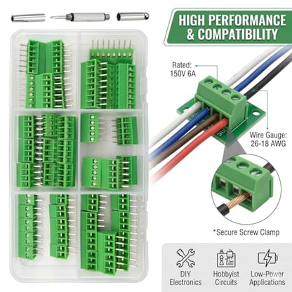 46Pcs 2.54mm 0.1" Pitch Mini PCB Mount Screw Terminal Block Connector 2P 3P 4P 5P 6P 8P Terminals 150V 6A Compatible 26-18AWG Cable for Arduino and Home Electronics Projects