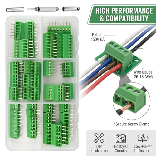 46Pcs 2.54mm 0.1" Pitch Mini PCB Mount Screw Terminal Block Connector 2P 3P 4P 5P 6P 8P Terminals 150V 6A Compatible 26-18AWG Cable for Arduino and Home Electronics Projects