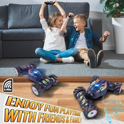 Pristar RC Cars, Gesture Sensing RC Stunt Car Toys for Boys Girls 6-12 | 2.4Ghz 4WD Remote Stunt Car with Spray Lights Music 360°Fast Off-Road Transform, Birthday Xmas Gifts for Kids Age 6-12 - color: Blue-flame