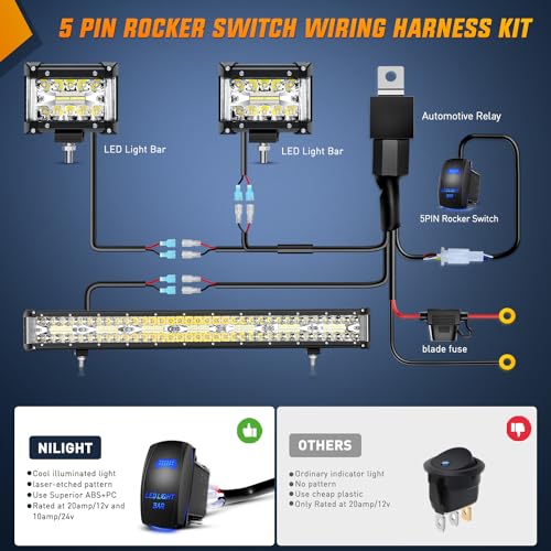 Nilight Side Shooter LED Light Bar Set 1PC 20" 2PCS 4.3" with Wiring Kit | Spot Beam Combo Bar, 16AWG Harness 5Pin Rocker Switch, Fog Driving Work Lighting on Truck Boat Tractor SUV UTV ATV, ZH615 - color: White - 20Inch Side Shooter Light Bar + 2Pcs 4.3I