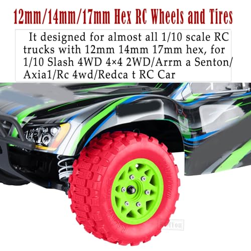 RC F/R Wheels and Tires Set w/Detachable Replace Running on Off-Road Tire RC Wheel Hex for 1/10 Slash 4WD 4×4 2WD/Arrm a Senton/Axia1/Rc 4wd/Redca t,12mm/14mm/17mm Hex,Green-Red（4PCS - color: Green-red(rc Wheels Tires)