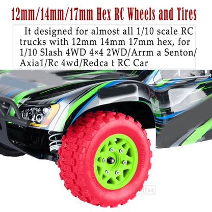 RC F/R Wheels and Tires Set w/Detachable Replace Running on Off-Road Tire RC Wheel Hex for 1/10 Slash 4WD 4×4 2WD/Arrm a Senton/Axia1/Rc 4wd/Redca t,12mm/14mm/17mm Hex,Green-Red（4PCS - color: Green-red(rc Wheels Tires)