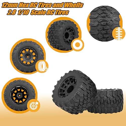 12mm Hex RC Wheels and Tires 2.8 RC Tires 1/10 Scale RC Truck Tires Wheels for Traxxas Rustler Stampede Hoss 2wd 4x4 vxl Tires Wheels Arrma Redcat RIAARIO AMORIL Tires Wheels Preglued 4PCS