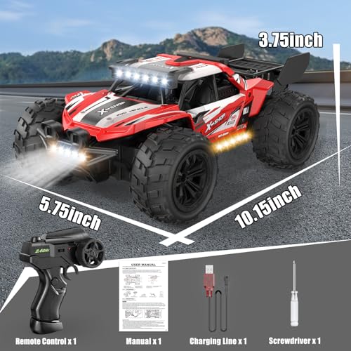 Remote Control Car, 4WD High Speed 30+KPH RC Cars for Boys Age 8-12, 2.4GHz RC Monster Truck Toys, 1:18 RC Truck with 2 Rechargeable Batteries & LED Lights, Birthday Gifts for Adults Kids