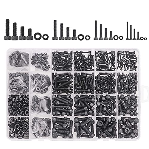 DYWISHKEY 1220 PCS M2 M3 M4 M5, 12.9 Grade Alloy Steel Hex Socket Head Cap Bolts Screws Nuts Washers Assortment Kit with Hex Wrenches - color: carbon black