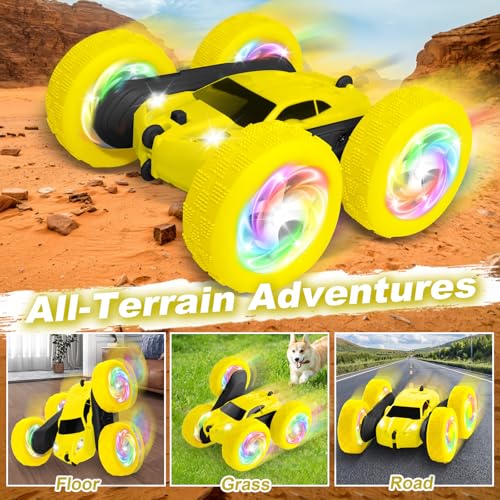 Remote Control Car, Outdoor Toys RC Cars for Kids Ages 6-12, 4WD Double Sided Stunt Vehicle with Upgraded USB-C Modular Batteries, 5 6 7 8 9 10+ Year Old Boy Birthday Yellow - color: Yellow