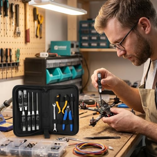 Portable Drone Tool Kit Set – Complete FPV Drone Repair & Maintenance Kit for RC Cars, Planes, Quadcopters, Compact & Durable Tool (Black)