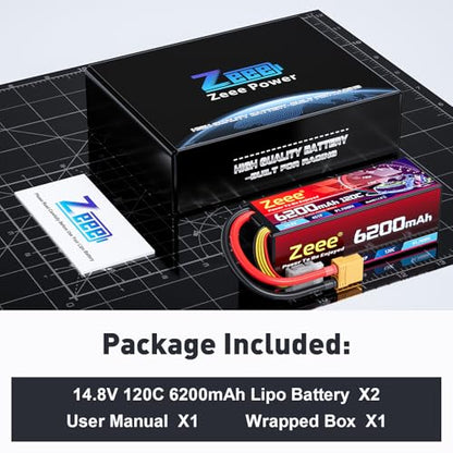Zeee 4S Lipo Battery 6200mAh 14.8V 120C with XT90 Connector (2 Pack) | Hard Case RC Battery for Car Truck Tank RC Buggy Truggy RC Models