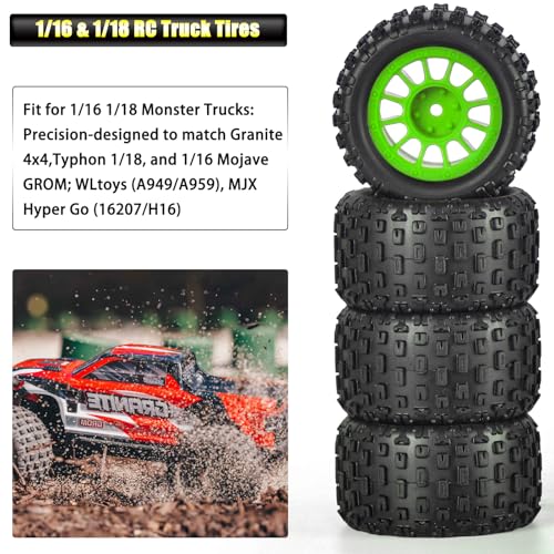 Pre-Glued 1/16 & 1/18 RC Monster Truck Rubber Tires & Plastic Wheels Rims | Rubber Tires with Foam Inserts Fits for ARRMA Granite 1/18 Granite/Typhon, WLtoys A949, MJX Hyper Go H16, 4Pcs-Green - color: Green