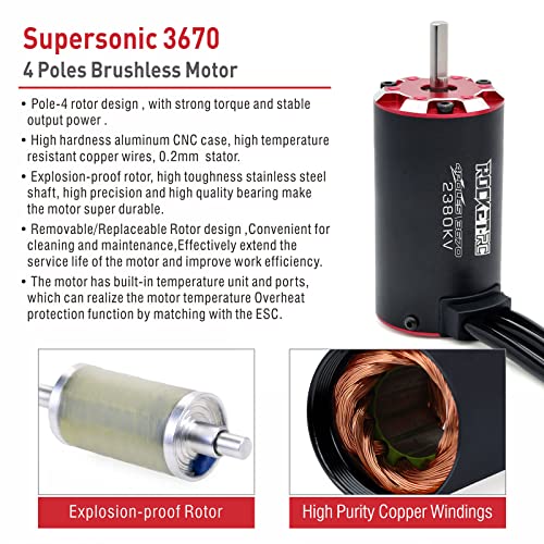 Supersonic 3670 RC Brushless Motor, 2380 KV with Sensor Port Temprerature Resisatant Heavy Duty 4 Poles for 1/8 1/10 RC Car - size: 2380KV, style: 3670 Motor