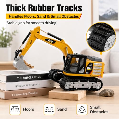 Mini RC Excavator, 1/64 Remote Control Excavator with Lights & Sounds, App & 2.4GHz RC Alloy Rechargeable Construction Vehicle Toy with Lights & Sounds, Gift for Boys Girls Adults - style: RC Excavator