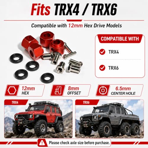 4PCS 12mm Hex Hub 8mm Offset Wheel Hex Extension for Traxxas TRX4 TRX6 1/10 | CNC Metal Wheel Spacer for RC Crawlers Helps Increase Track Width and Side-Hill Stability Reduce Vibration Add Tire Clearance - color: red