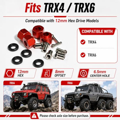 4PCS 12mm Hex Hub 8mm Offset Wheel Hex Extension for Traxxas TRX4 TRX6 1/10 | CNC Metal Wheel Spacer for RC Crawlers Helps Increase Track Width and Side-Hill Stability Reduce Vibration Add Tire Clearance - color: red