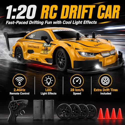 HTURCCOP 1:20 RC Drift Car 2.4GHz 4WD High Speed Drift Remote Control Cars Vehicle with LED Lights and Drifting Tires Batteries x2 Racing Sport Toy Cars for Adults Boys Girls Kids (Yellow) - color: Yellow