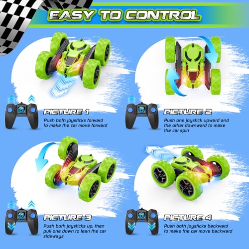 cosone Remote Control Car - RC Car Toys for Boys - 4WD 2.4Ghz Double Sided 360° Rotating RC Cars, Birthday Gifts for Kids Age 6 7 8-12 for Boys and Girls- Green - color: Green