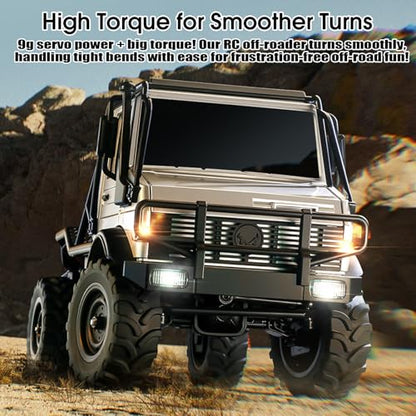 MN333 Semi-Truck RC Crawler, 1:18 Unimog U4000 4WD RC Rock Crawler Alloy Body, Portal Axles, 2-Speed Transmission, Full LED Lights, RTR Off-Road Crawler for Hobbyists