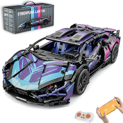 RC Car Building Kit, 1:14 App Control Car Kit with LEDs | car kit with 825 pieces, LED lights, app play, and 2.4GHz remote control; built for family building, indoor driving, display. - color: Cyberspace Blue