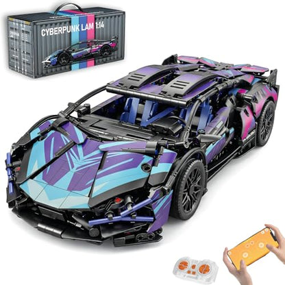 RC Car Building Kit, 1:14 App Control Car Kit with LEDs | car kit with 825 pieces, LED lights, app play, and 2.4GHz remote control; built for family building, indoor driving, display. - color: Cyberspace Blue