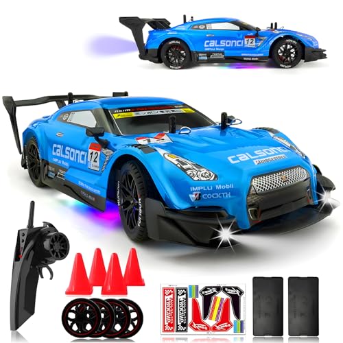 1:16 Spray RC Drift Car for Kids 4WD 2.4GHz 40KM/H High Speed Remote Control Car with LED Lights Drifting Tires & 2 Batteries, Racing Sport Toy for Boys Girls (Blue) - color: Blue